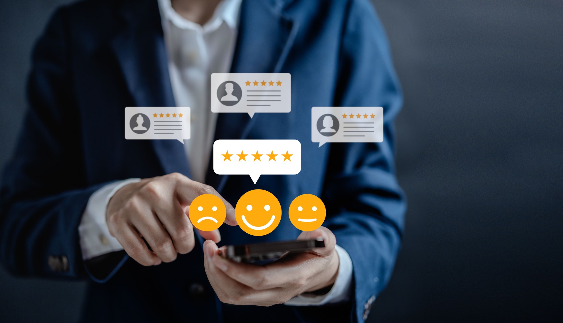 User customer review evaluates satisfaction with a product or service, Customers give a rating to service experience on the online application, Customer review satisfaction feedback survey concept